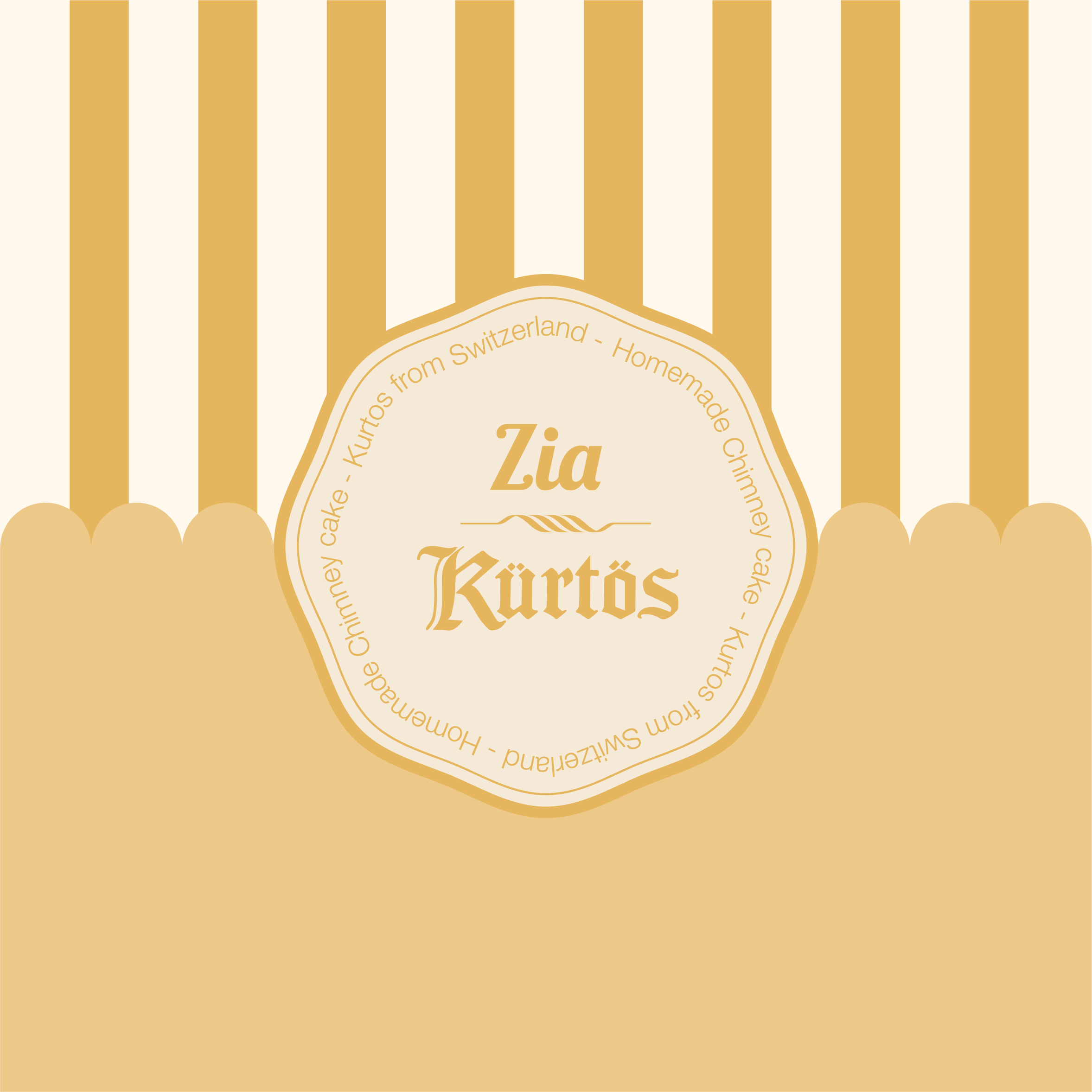 image de marque zia kurtos, fond jaune moutard avec des rayures beige. Esprit rétro vintage. Logo avec une typographie gothique
