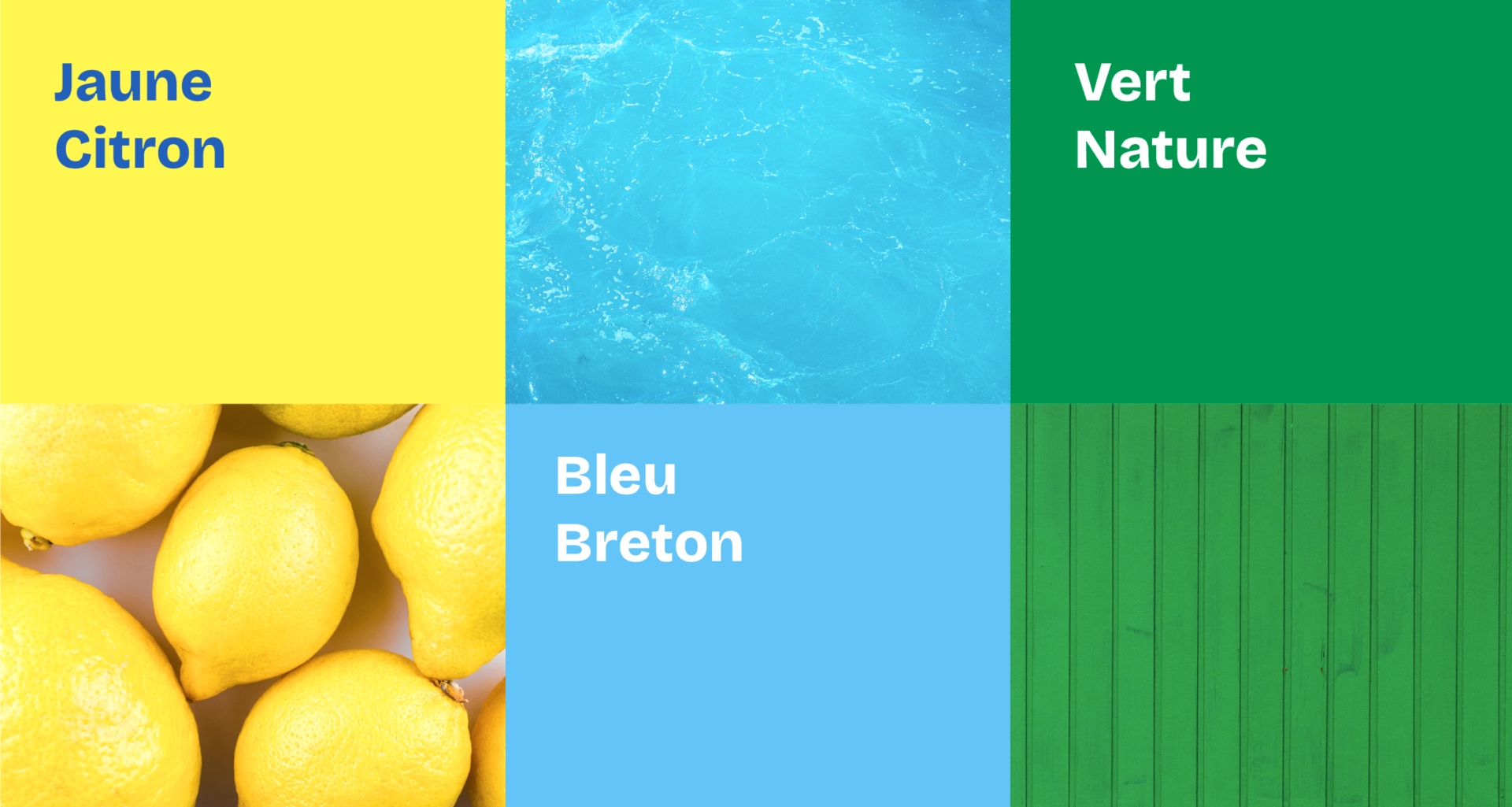 couleur jaune citron, bleu mer et vert vif